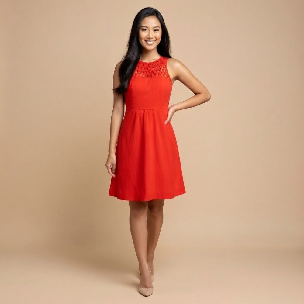 Maeve anthropologie womens red lattice neck fit and flare Midi dress size 10p